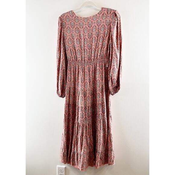 Max Studio Long Sleeve V Neck Printed Midi Dress Maroon Red Small - Picture 9 of 11